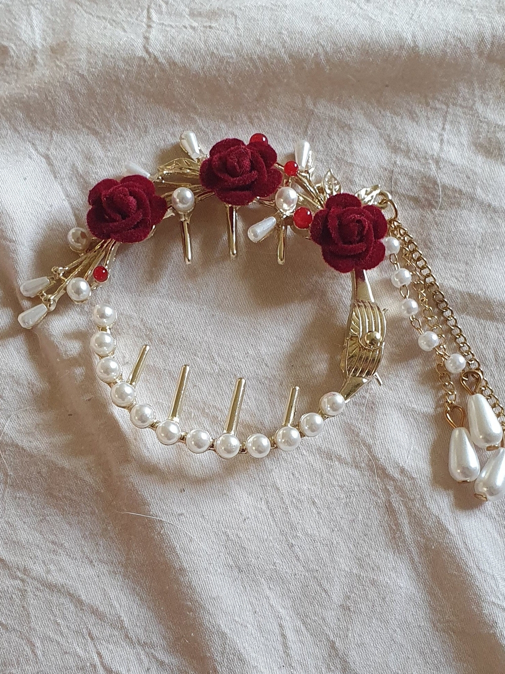 Gold Pearl and Red Rose Hair Comb - Women Accessories
